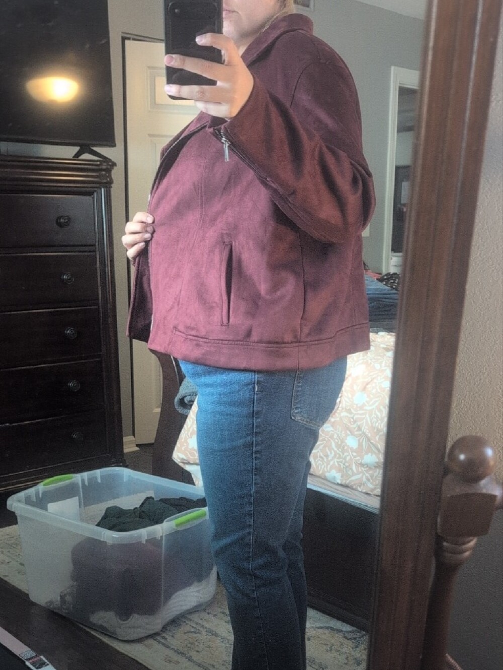 Womens Burgundy Faux Suede Moto Jacket - Picture 3 of 6